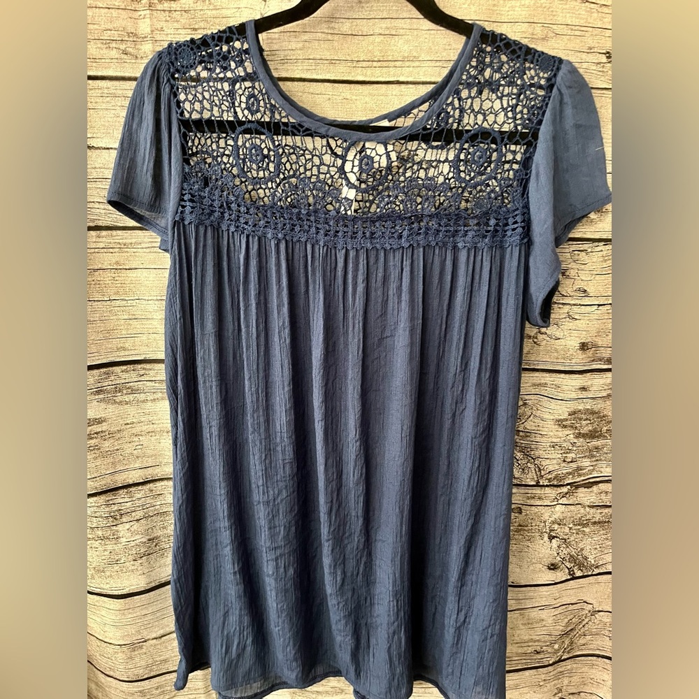 Forgotten Grace Navy blue crochet tunic, size L.
